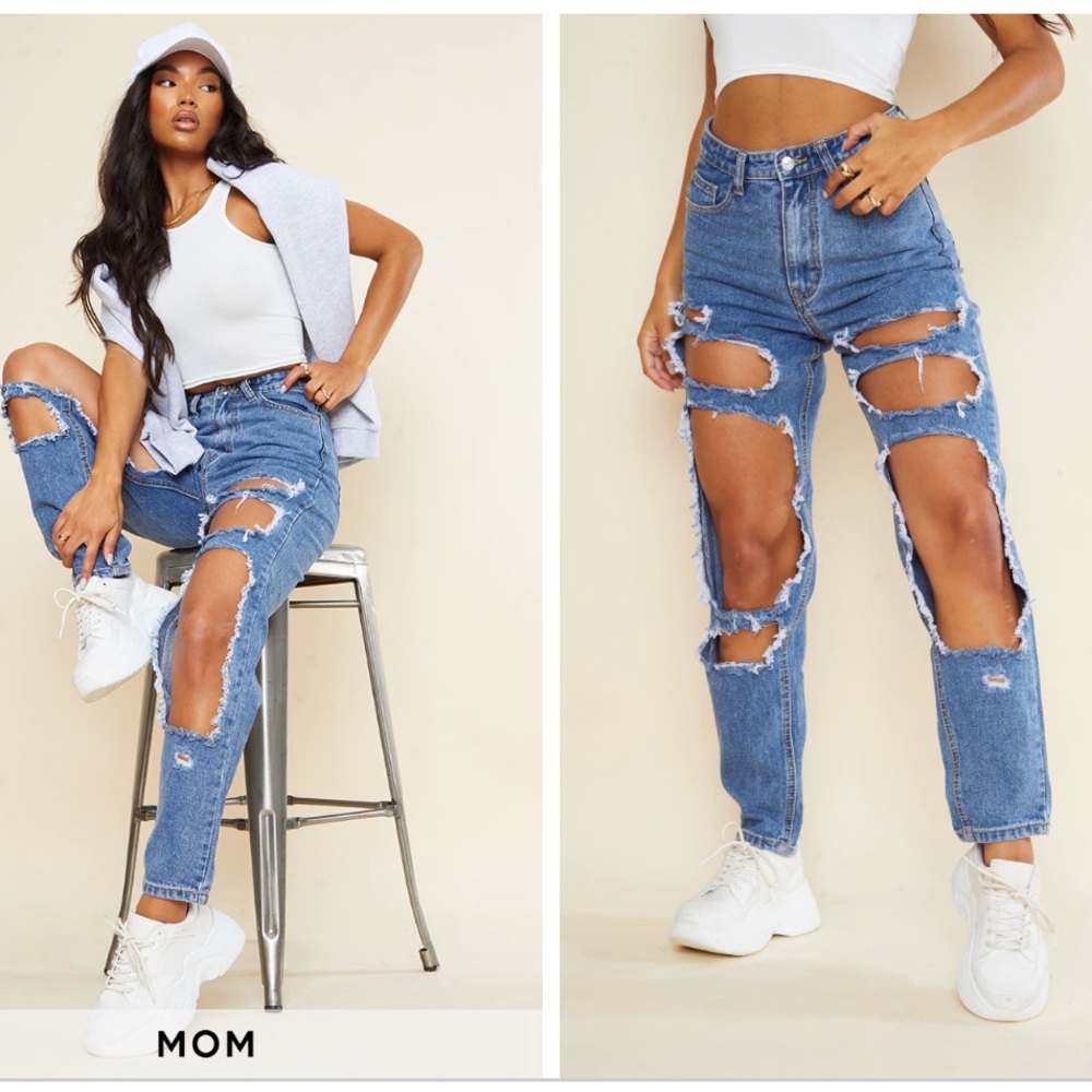 PrettyLittleThing Women’s 6 Destroyed Open Thigh Ripped Mom Jeans